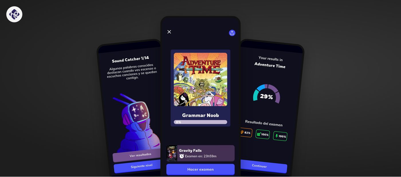Tres pantallas del examen diario de Wordbox: el nivel Sound Catcher, la portada del examen de Adventure Time y los resultados con 29 %.